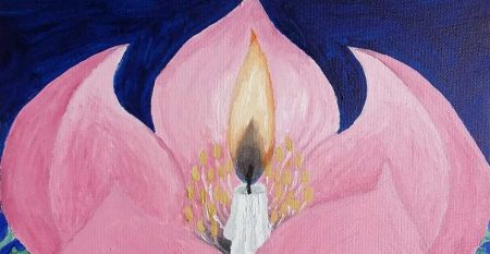 A painting of a flower with a candle inside
